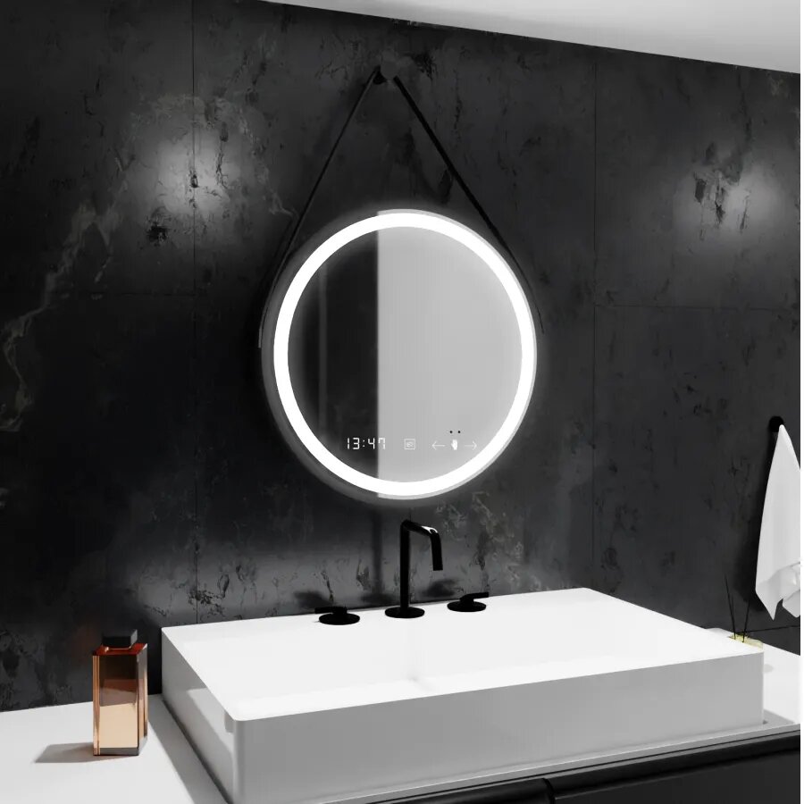 Oglinda LED Rotunda 50cm, cu Dezaburire, Touch si Ceas/Termometru