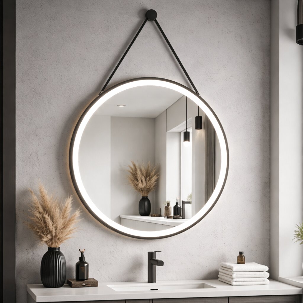 Oglinda LED Rotunda 50cm, cu Dezaburire, Touch si Ceas/Termometru