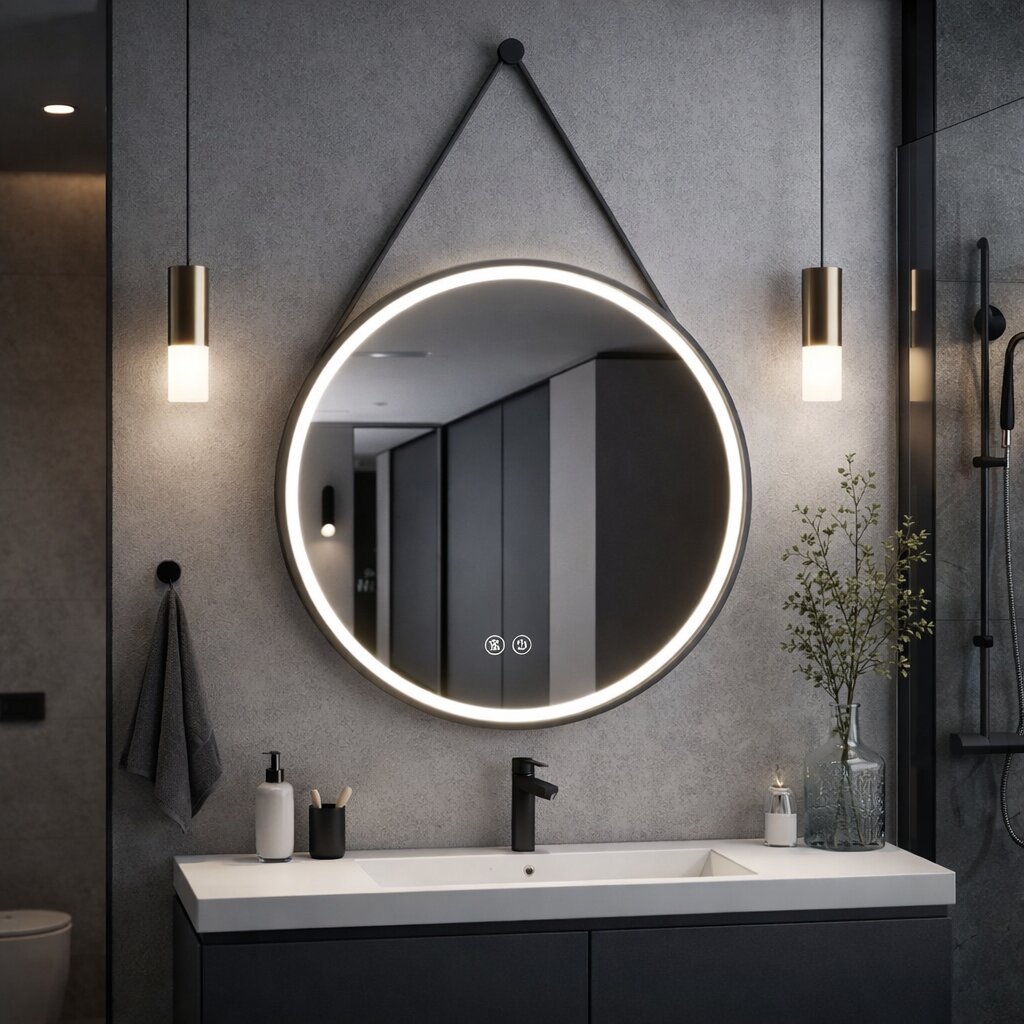 Oglinda LED Rotunda 50cm, cu Dezaburire, Touch si Ceas/Termometru