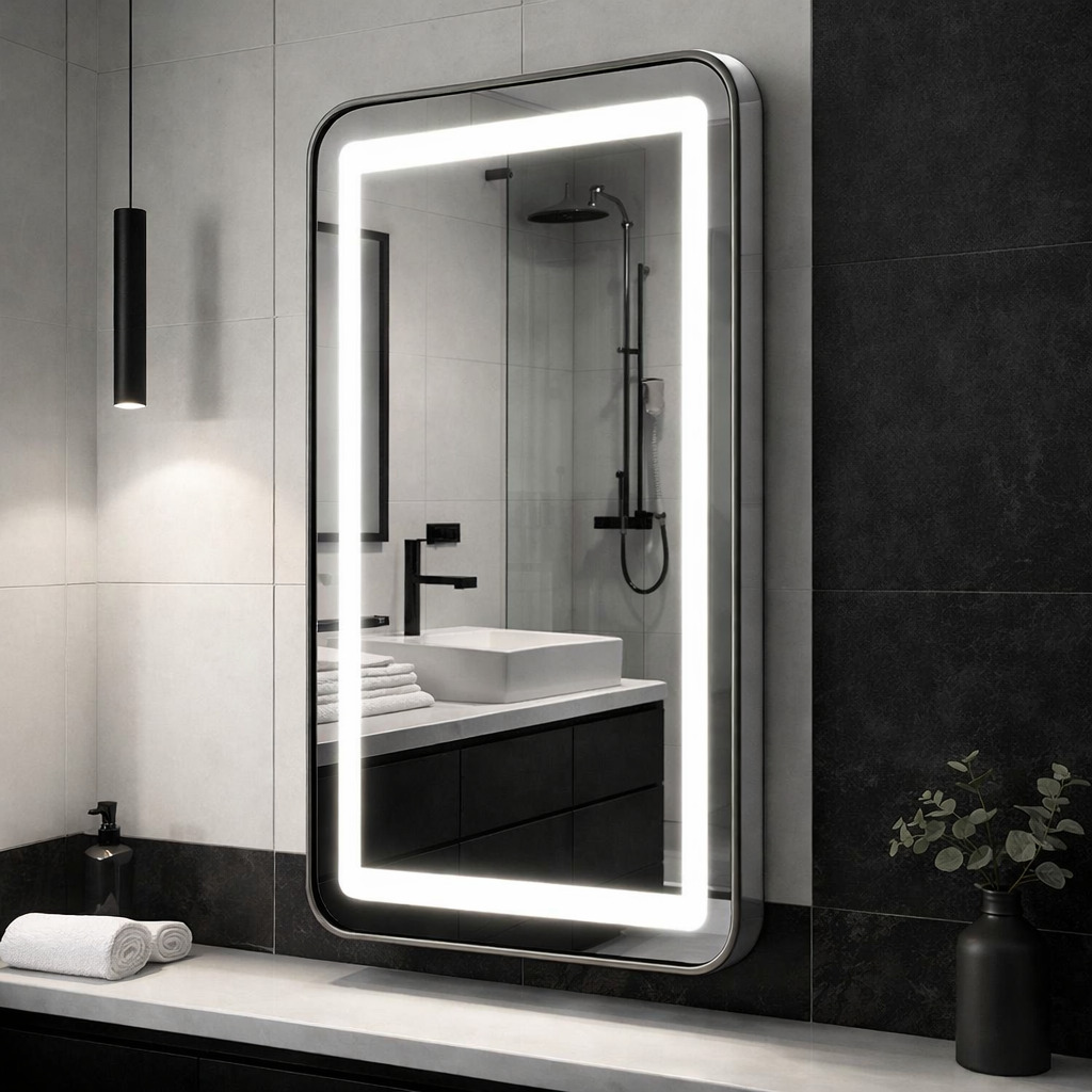 Oglinda LED 50x70cm, Rama Neagra, 4000K, cu Buton Touch