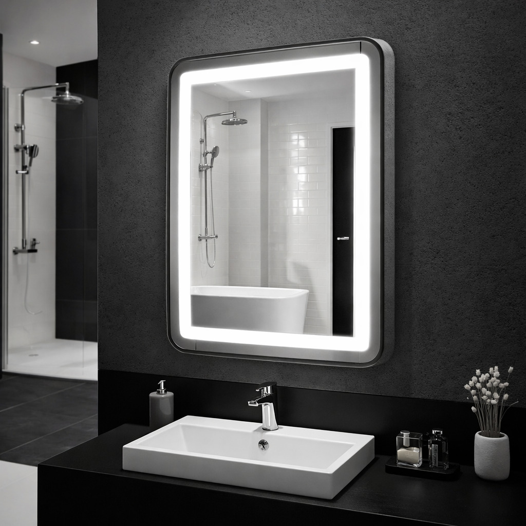 Oglinda LED 50x70cm, Rama Neagra, 4000K, cu Buton Touch