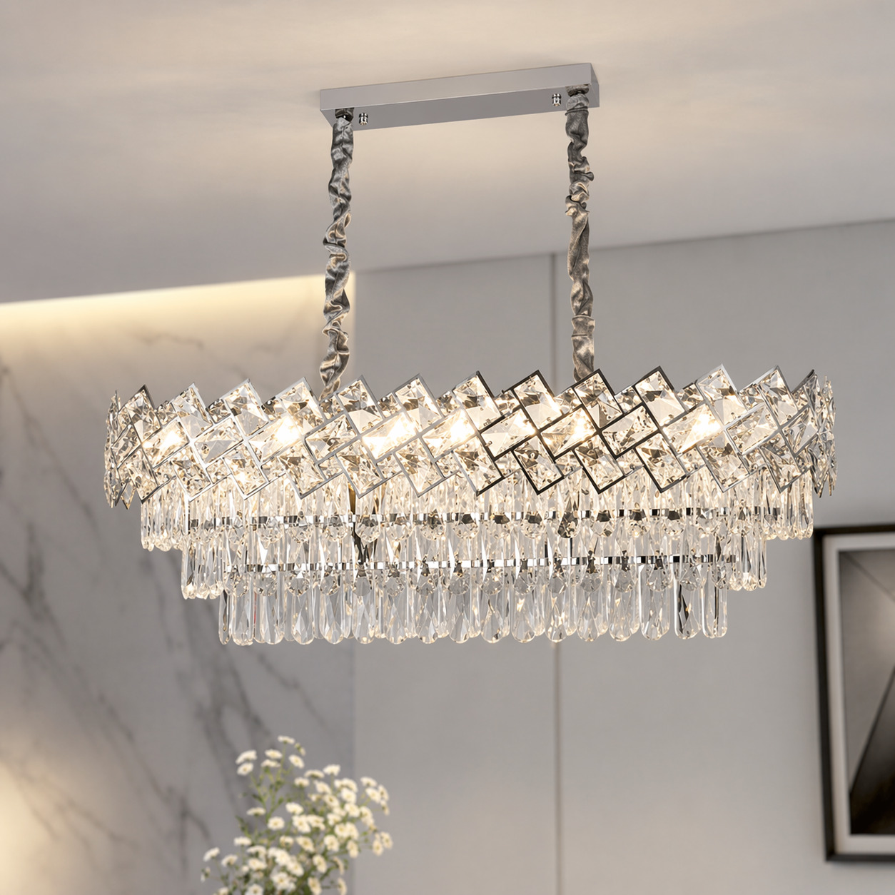 Candelabru Cristal, 80x30CM, 8 x E27, Argintiu