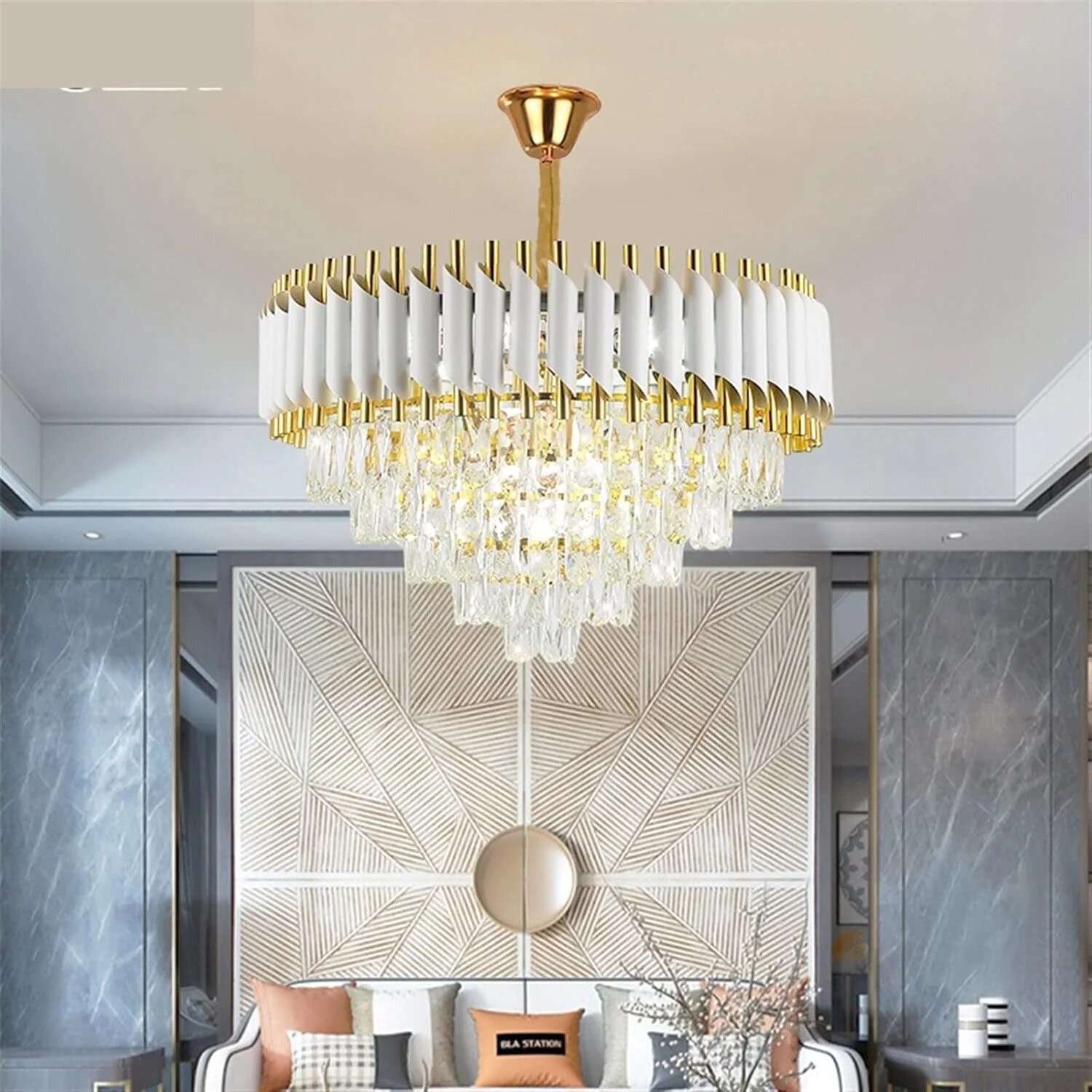 Candelabru Cristal, 60cm, 10 x E27, Alb/Auriu