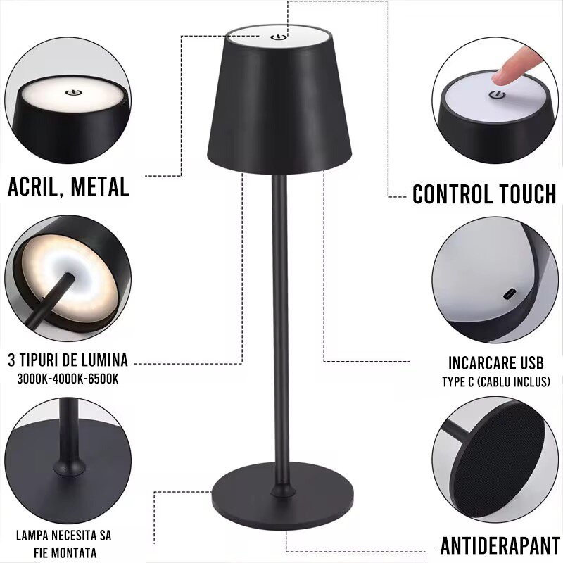Lampa de masa, Touch, 3 Tipuri De Lumina, Incarcare USB, Alb