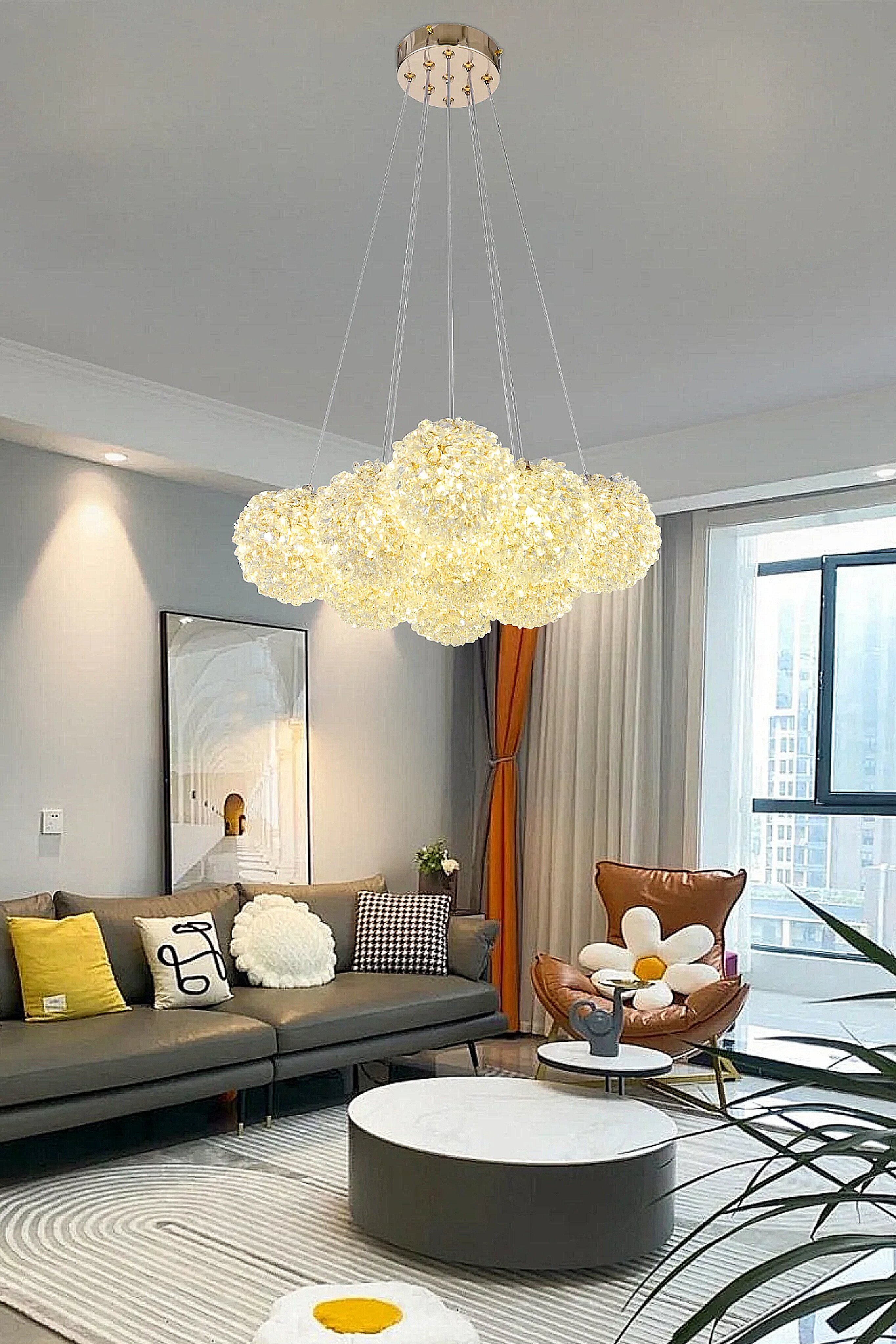 Pendul cu abajur din Cristal, 9 x G9, Auriu