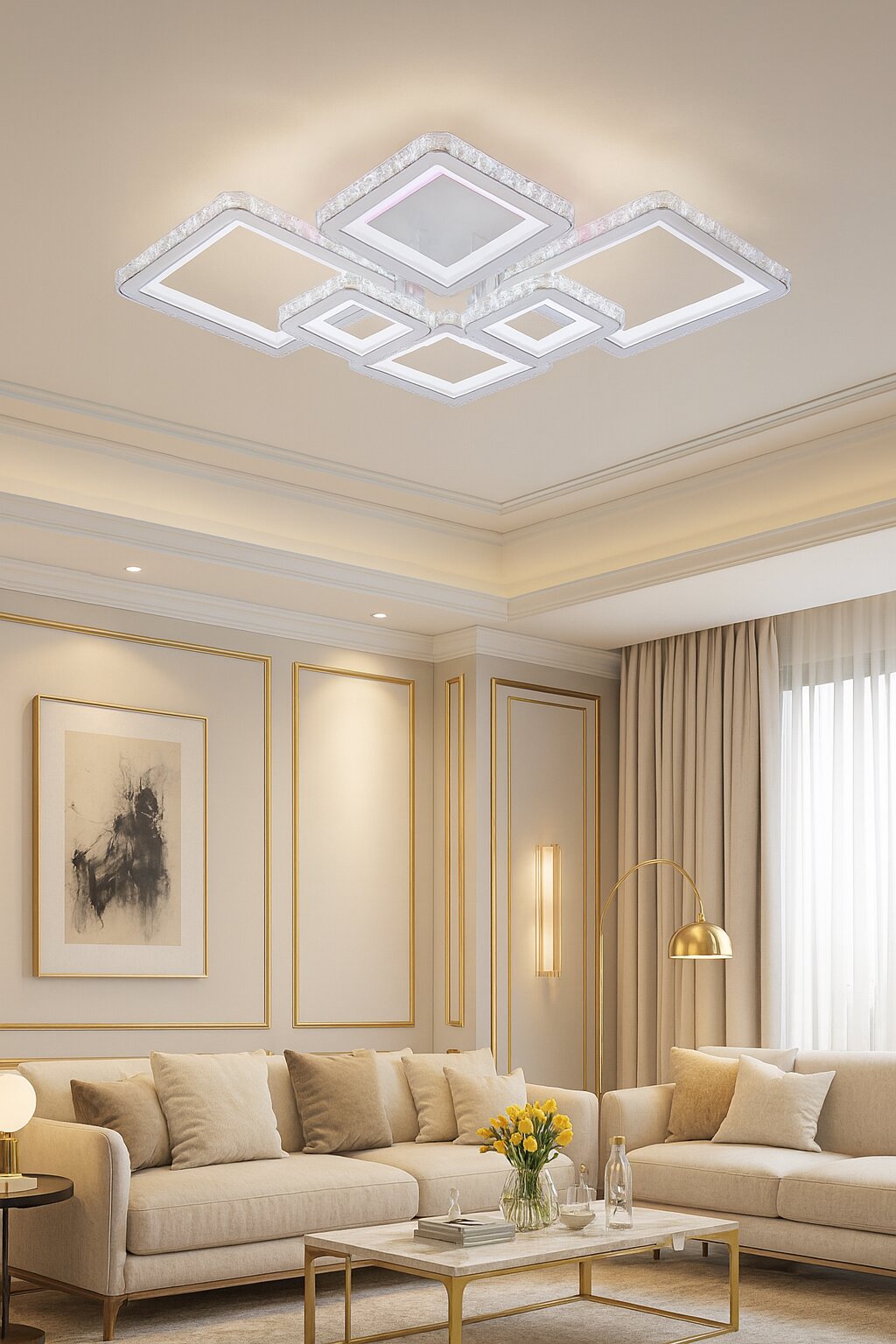 Lustra LED Cristal cu Telecomanda RGB, 244W + 60W, 3 tipuri de lumina, Alb