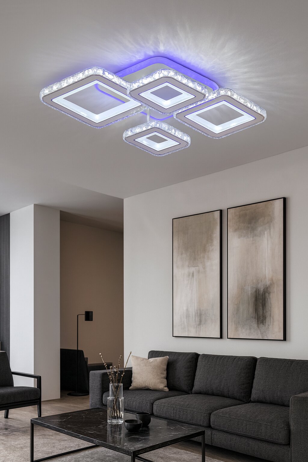 Lustra LED Cristal cu Telecomanda RGB, 132W + 39W, 3 tipuri de lumina, Alb