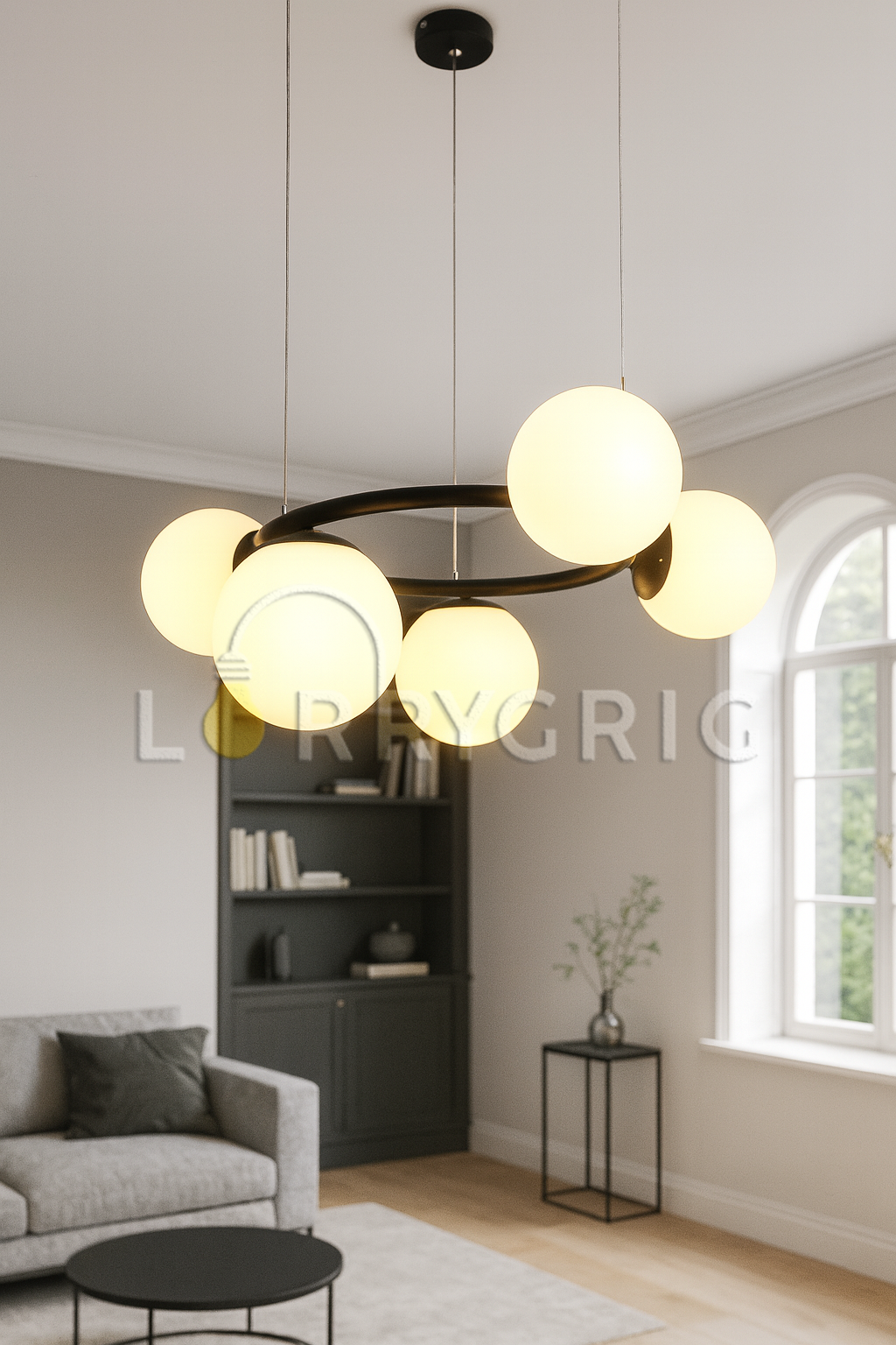Pendul cu abajururi, 5 x E27, Negru/Alb