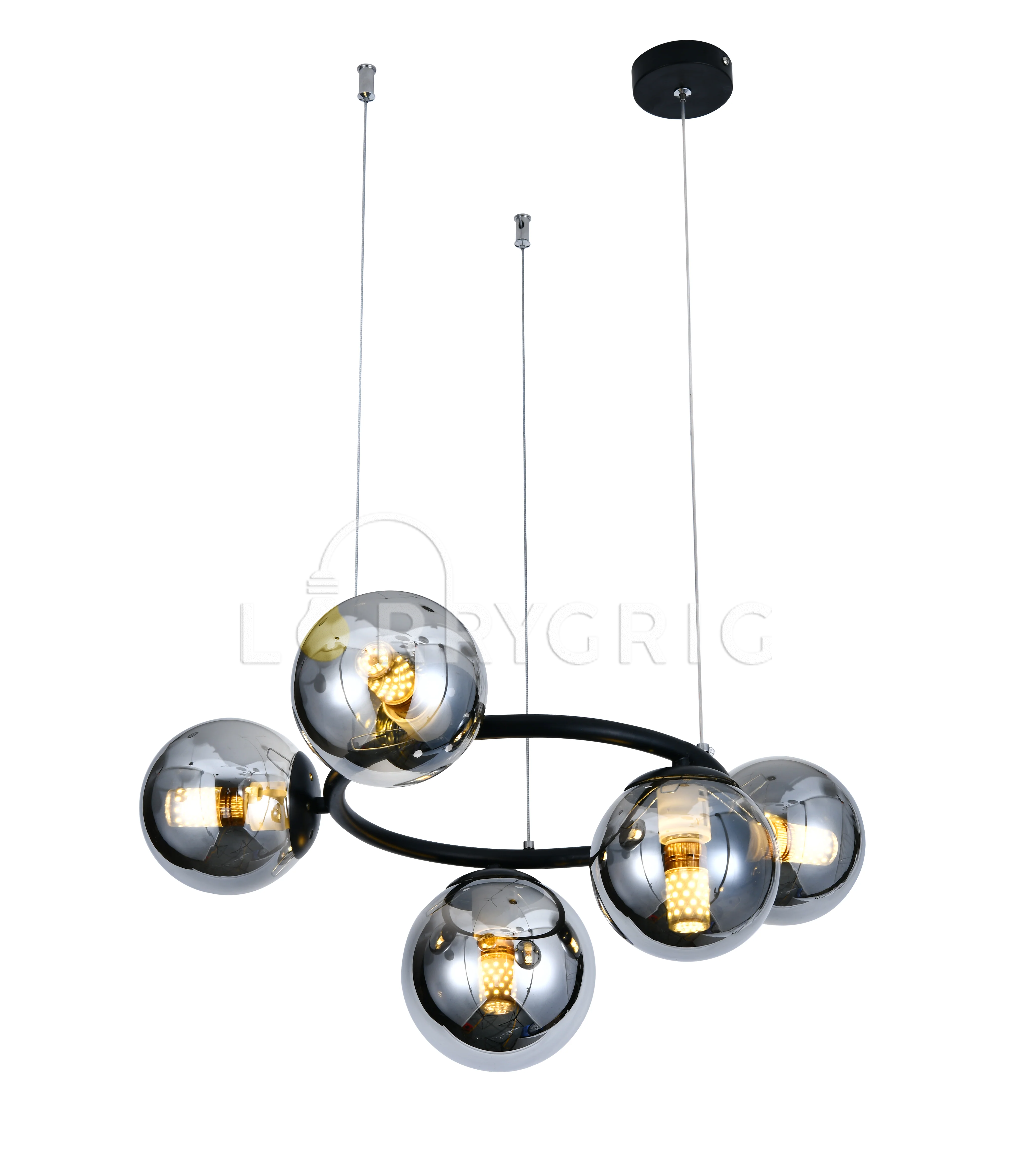 Pendul cu abajururi, 5 x E27, Negru/Crom