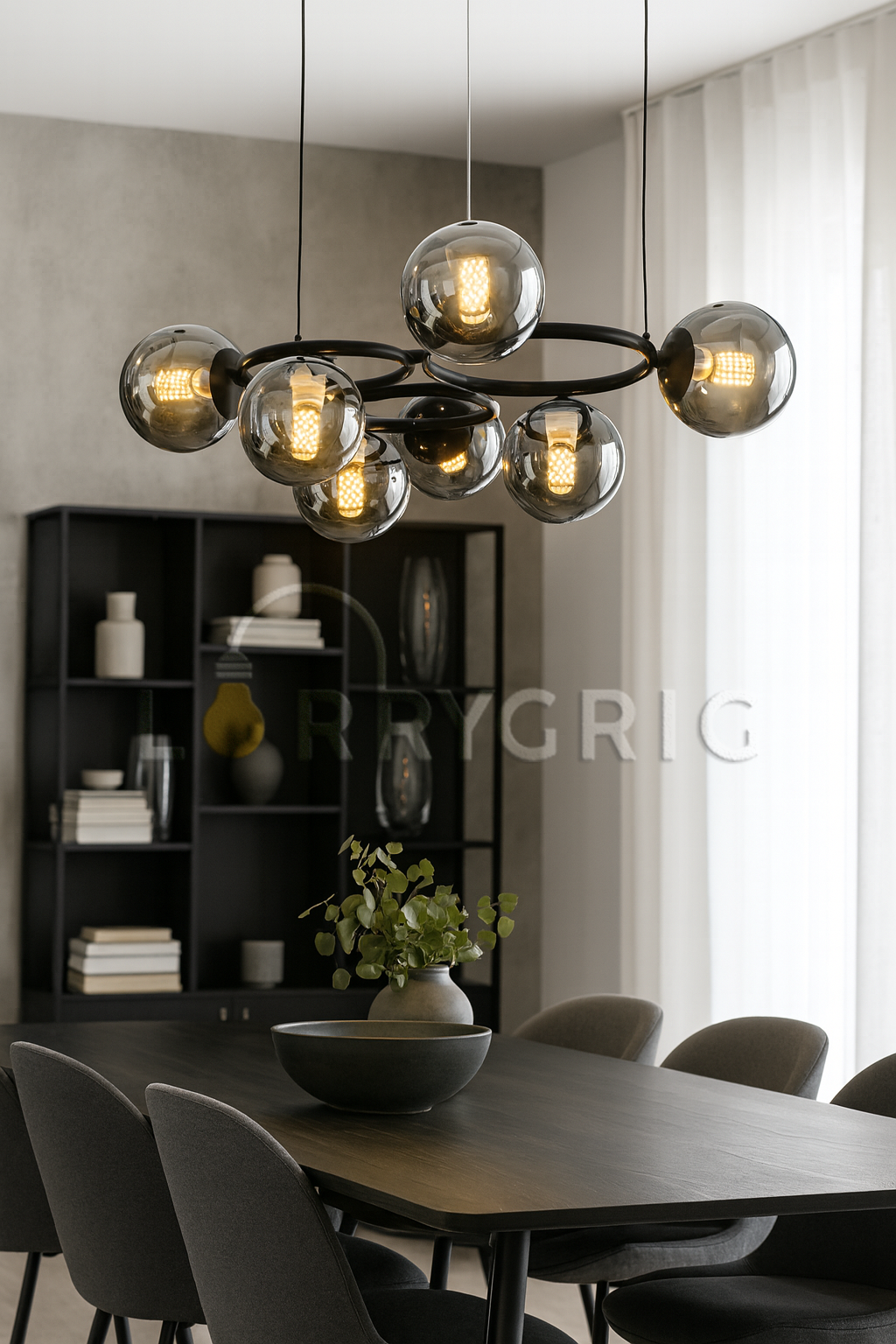 Pendul cu abajururi, 7 x E27, Negru/Crom