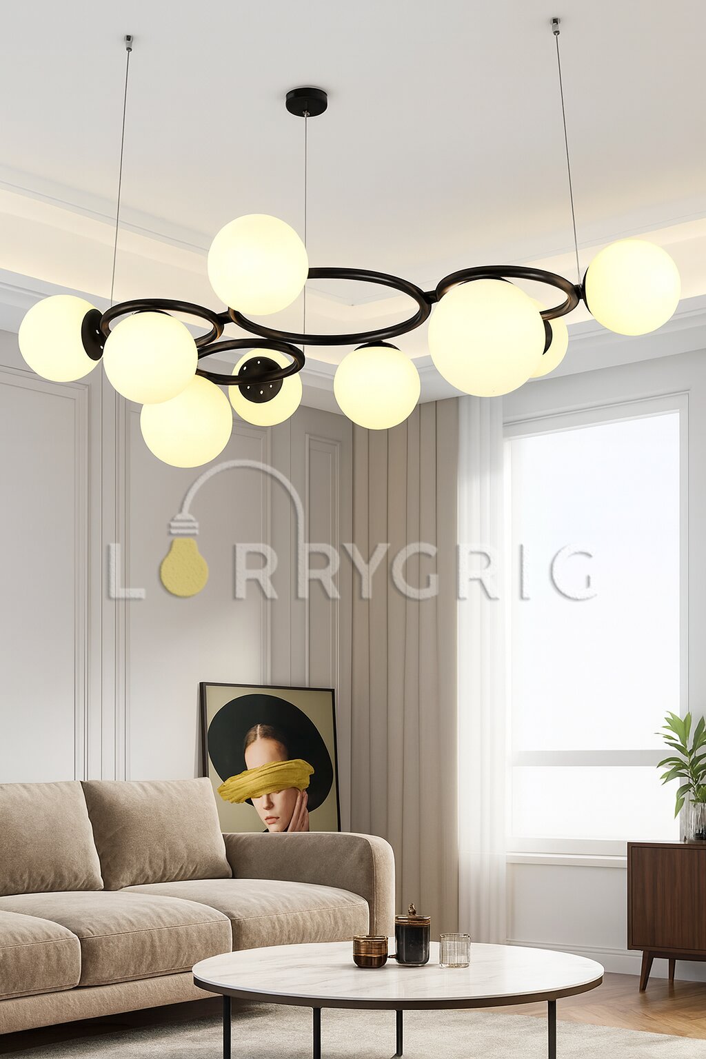 Pendul cu abajururi, 9 x E27, Negru/Alb