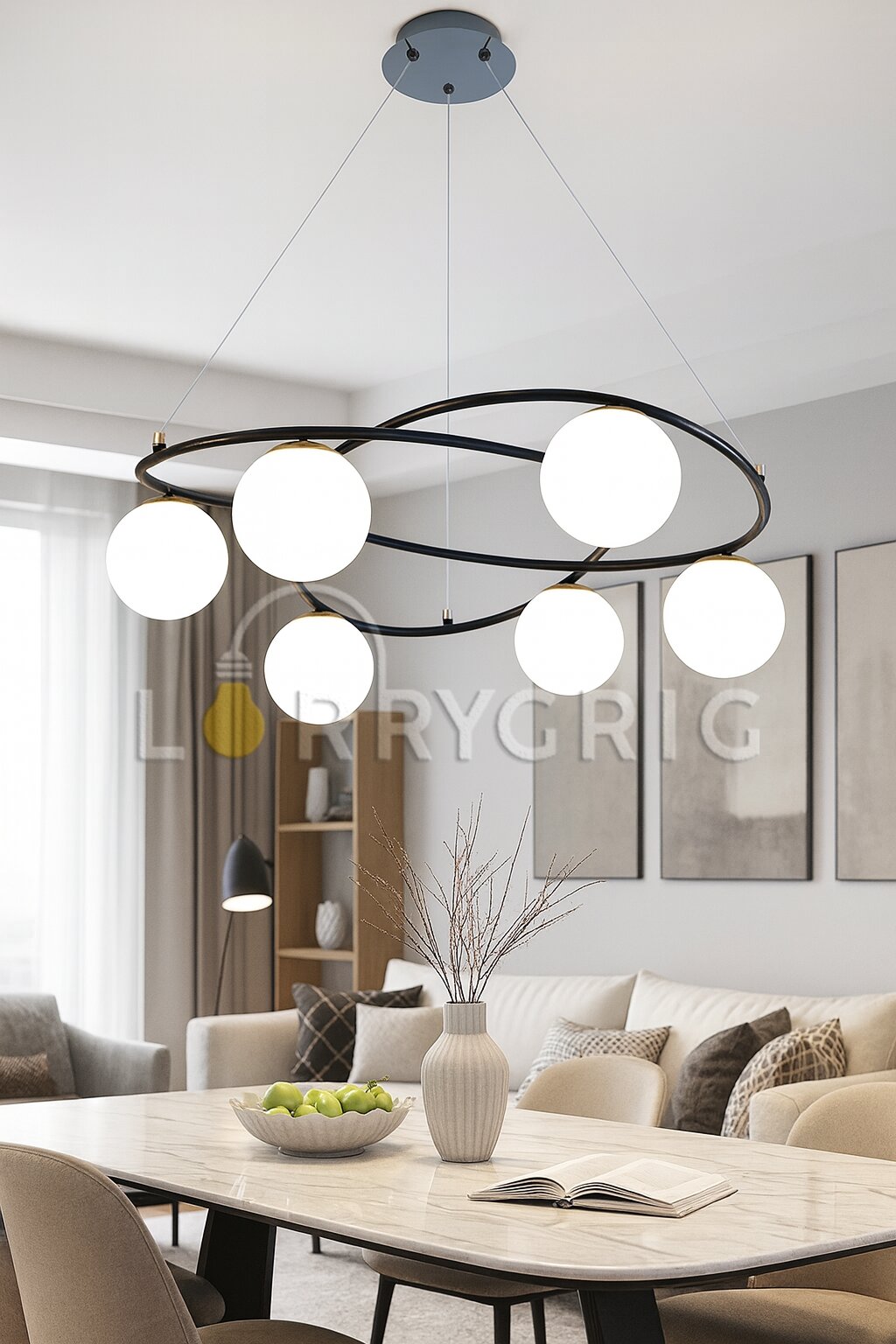 Pendul cu abajururi, 6 x E27, Negru/Alb