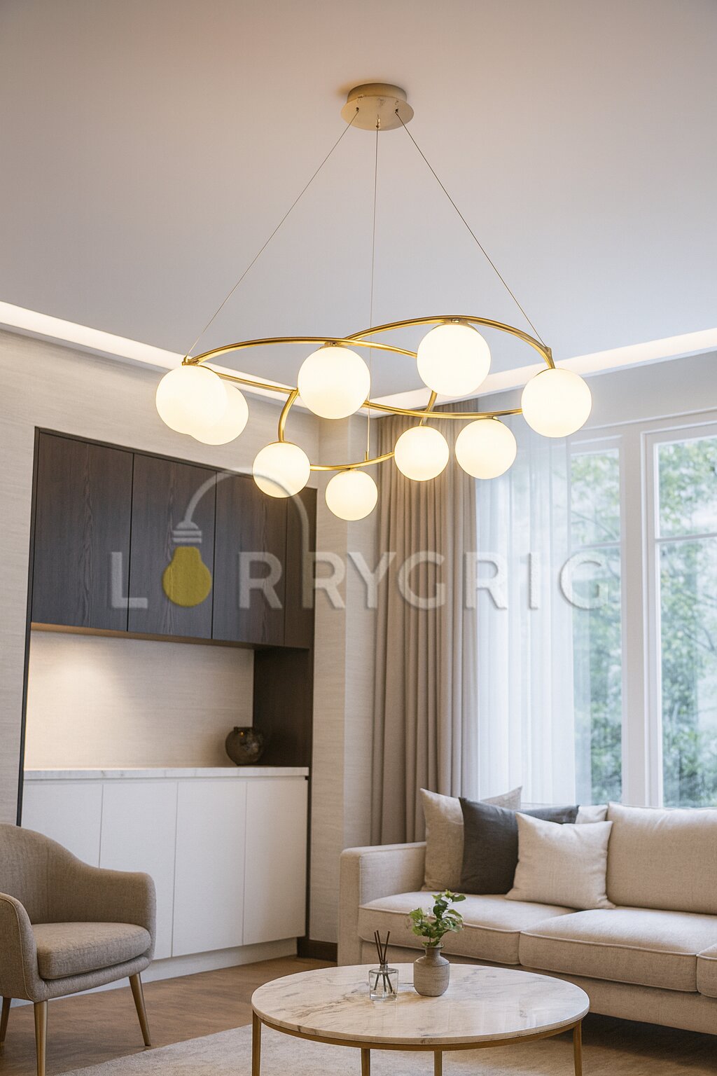 Pendul cu abajururi, 9 x E27, Auriu/Alb