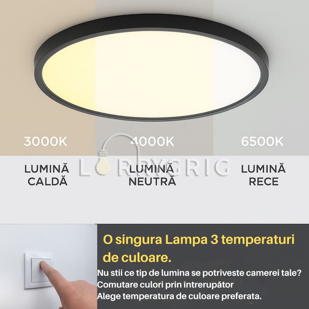 Plafoniera LED Baie 40CM, 32W, 3 tipuri de lumina, IP40, Negru