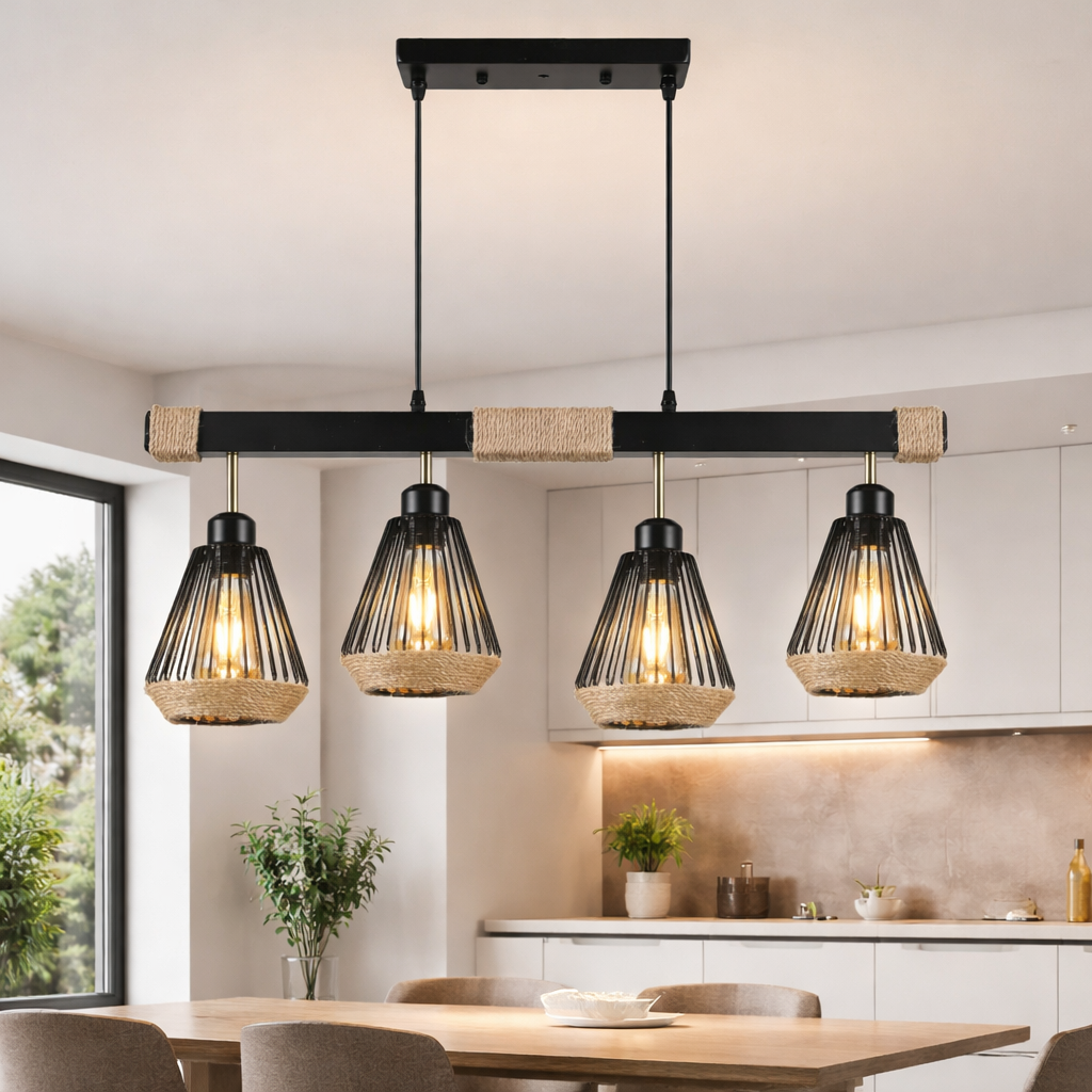 Pendul Vintage Rope, 4 x E27, Negru & Maro