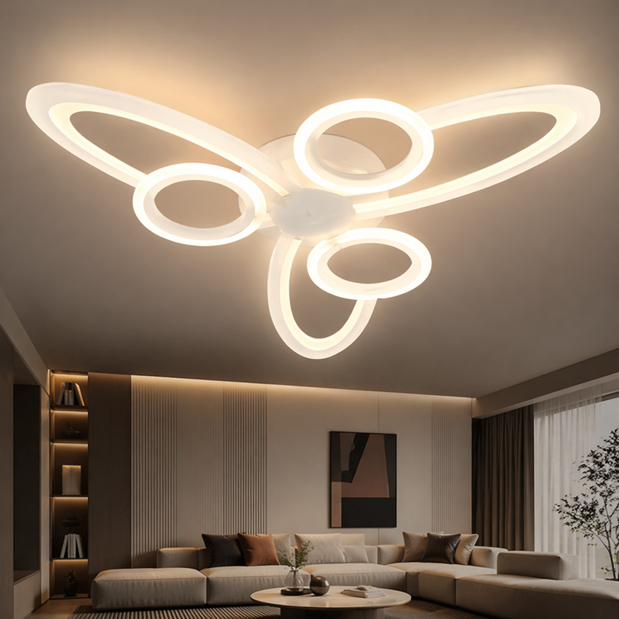 Lustra LED Space Six, 96W, 3 tipuri de lumina, Alb