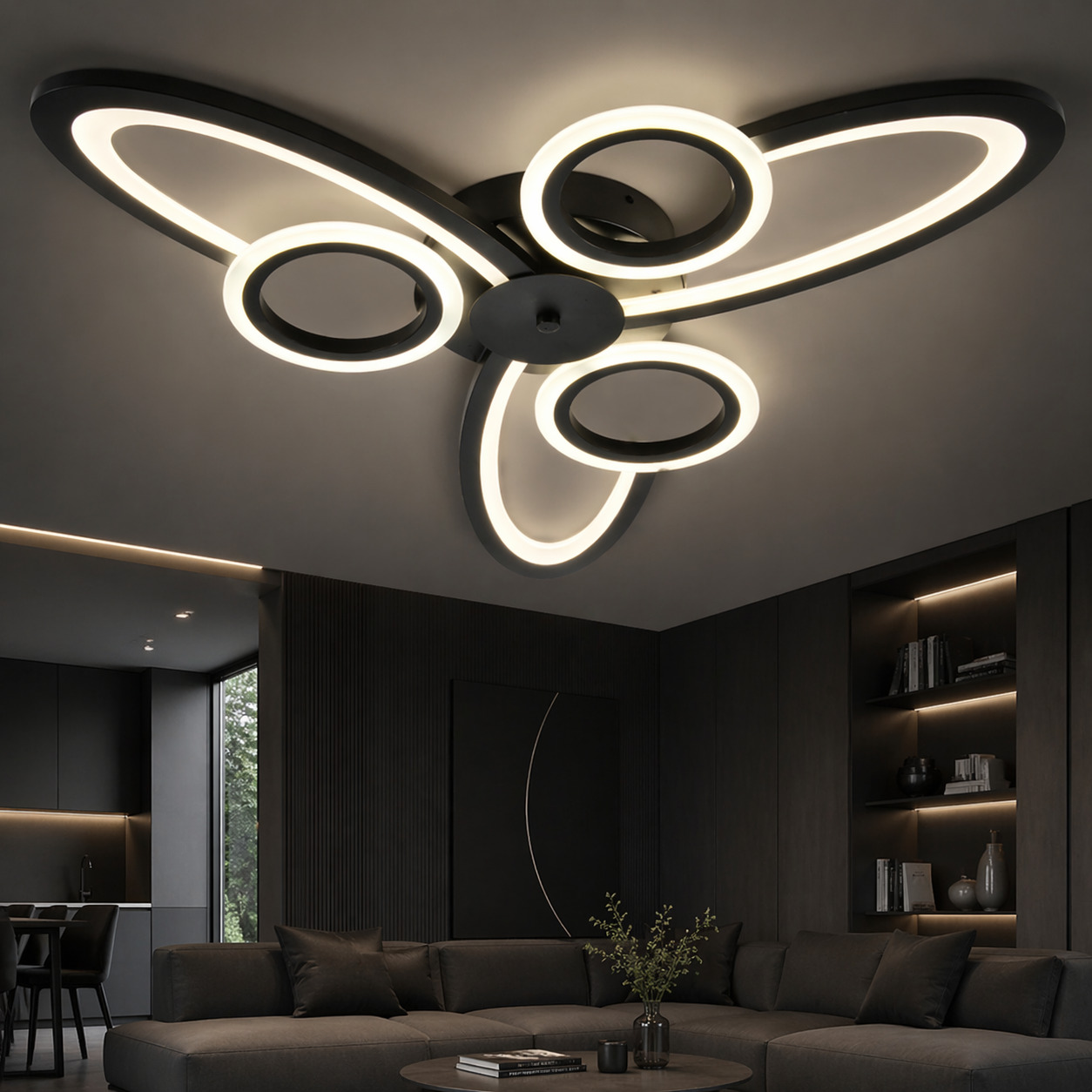 Lustra LED Space Six, 96W, 3 tipuri de lumina, Negru