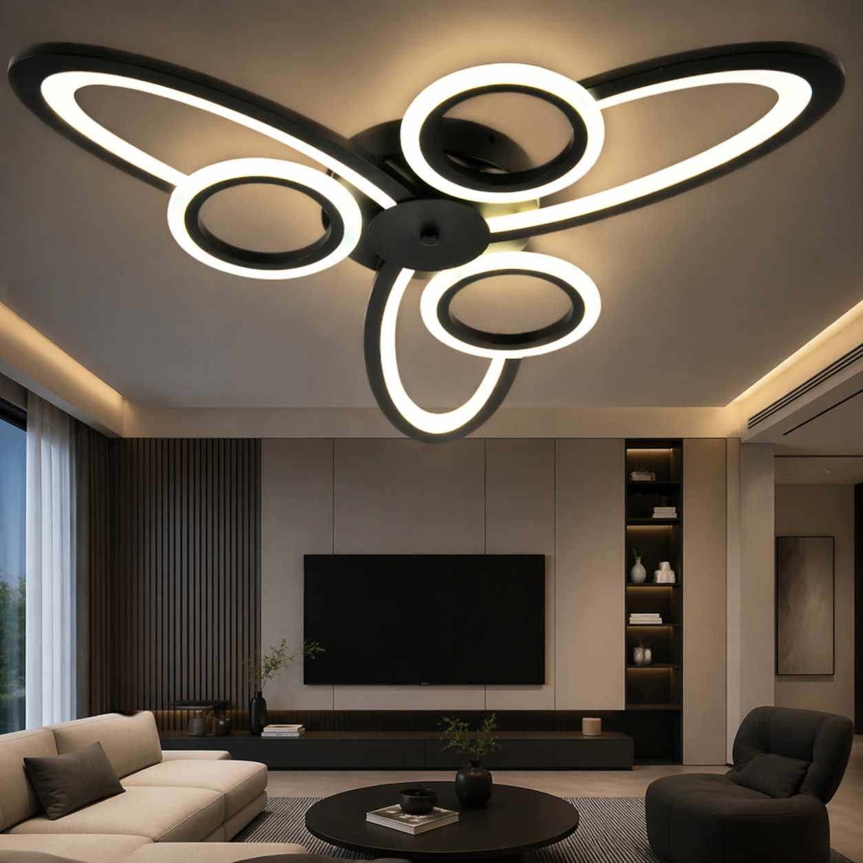 Lustra LED Space Six, 96W, 3 tipuri de lumina, Negru