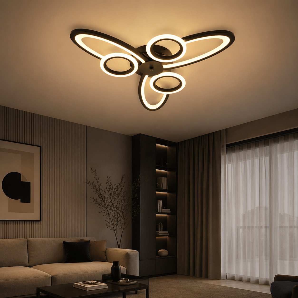 Lustra LED Space Six, 96W, 3 tipuri de lumina, Negru