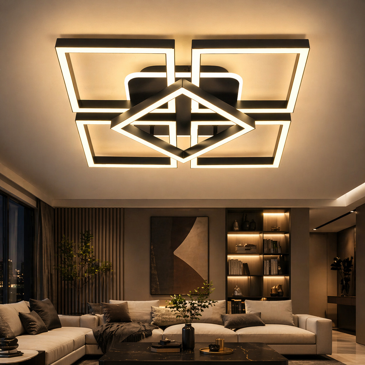 Lustra LED Elite Square, 110W, 3 tipuri de lumina, Negru