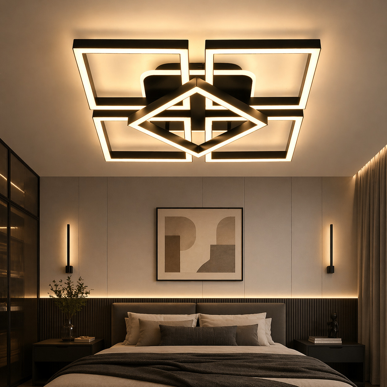 Lustra LED Elite Square, 110W, 3 tipuri de lumina, Negru