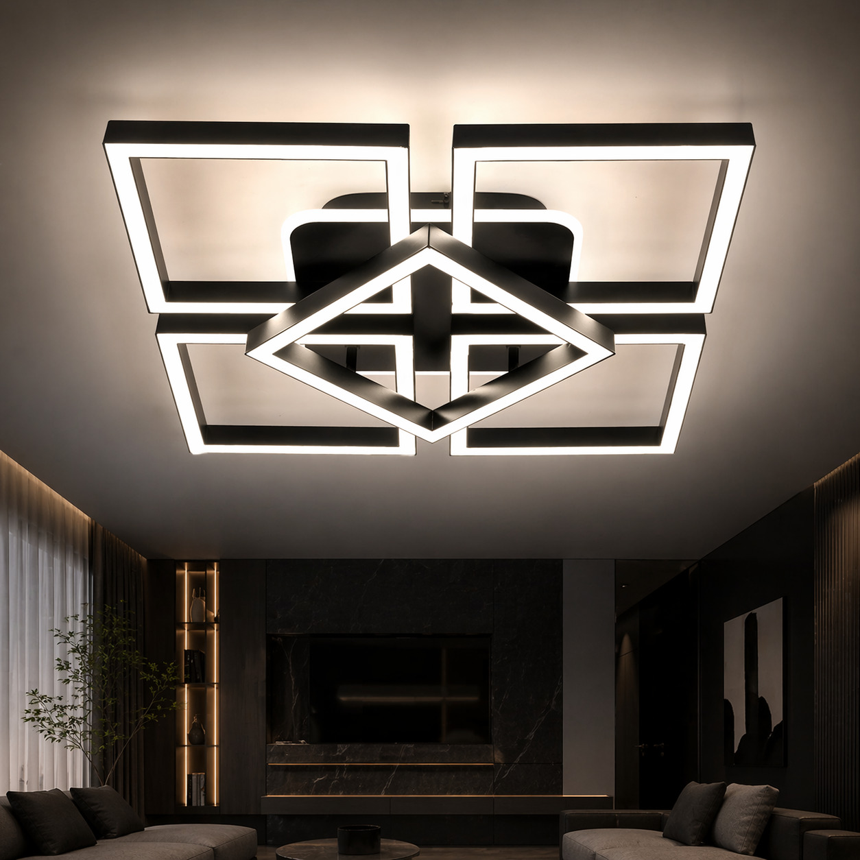 Lustra LED Elite Square, 110W, 3 tipuri de lumina, Negru