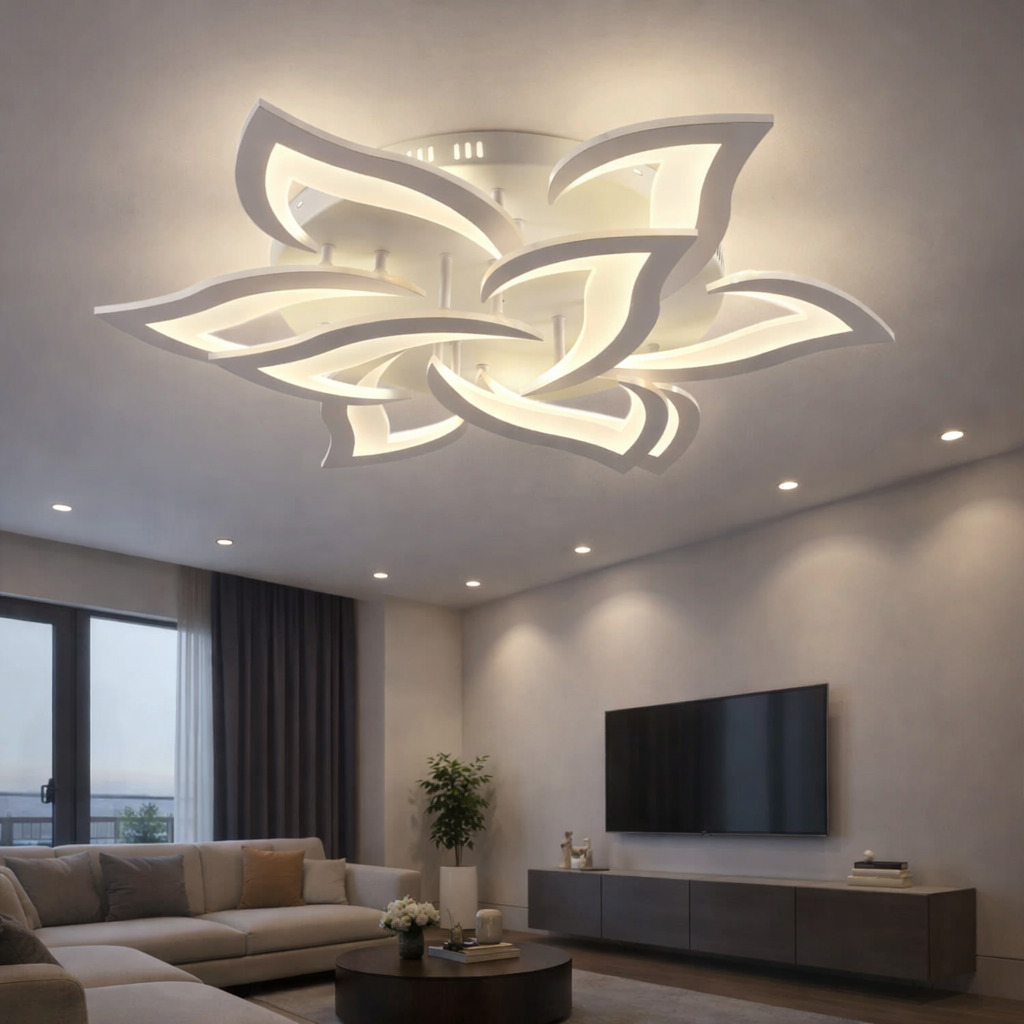 Lustra LED Flower cu Telecomanda, 126W, 3 tipuri de lumina, Alb